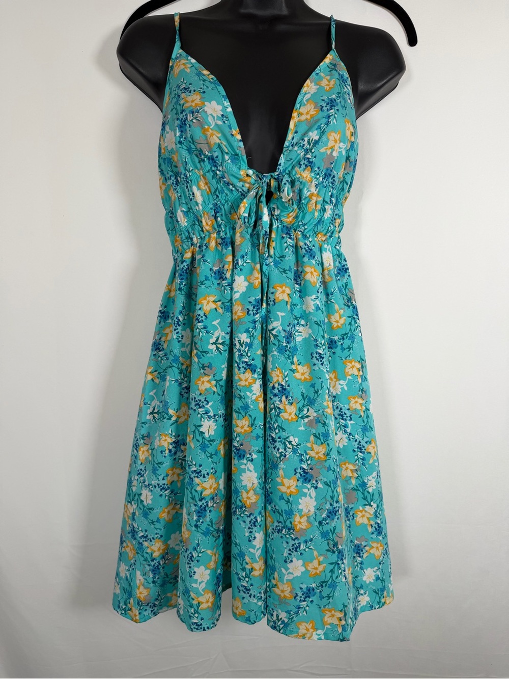 Vacation Resortwear Turquoise Floral Babydoll Tie-Front Summer Dress‎